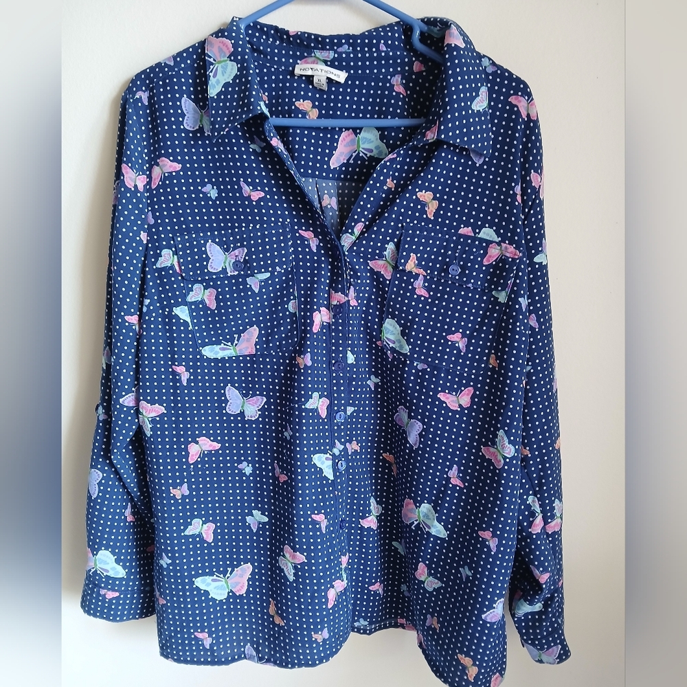 Notations Butterfly Polka Dot Top Size XL Button Up